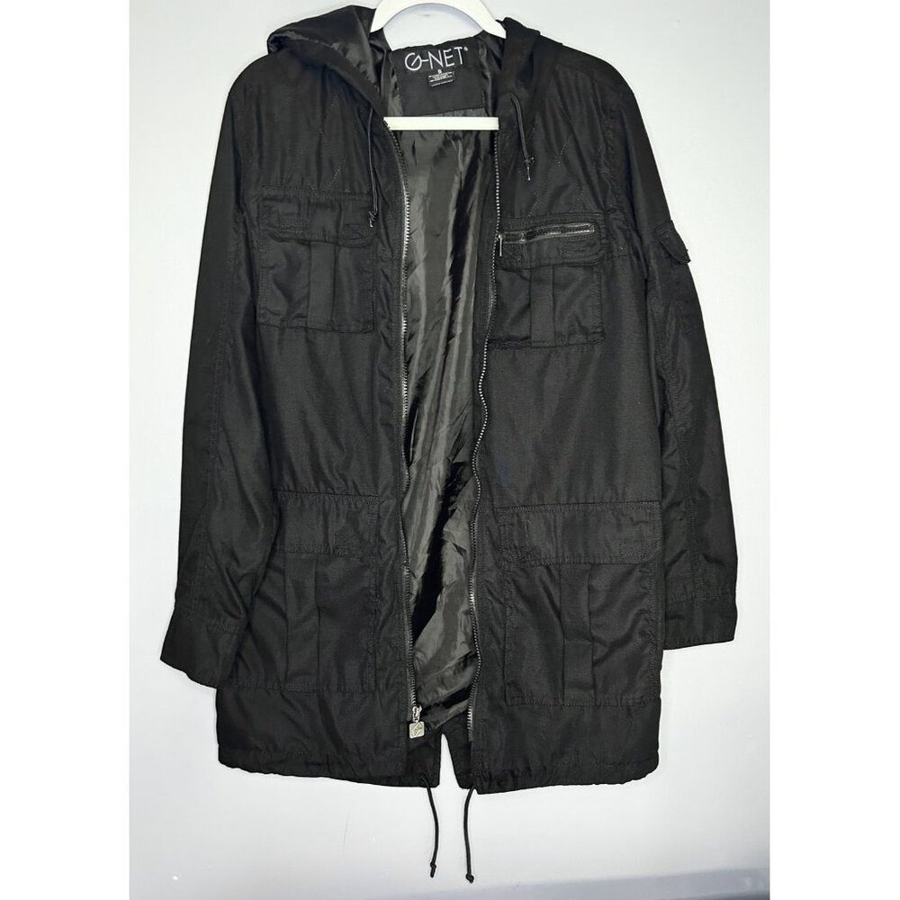 G-Net Jacket‎ Mens S Black Hooded Full Zip Utility Parka Drawstring Pockets Soft